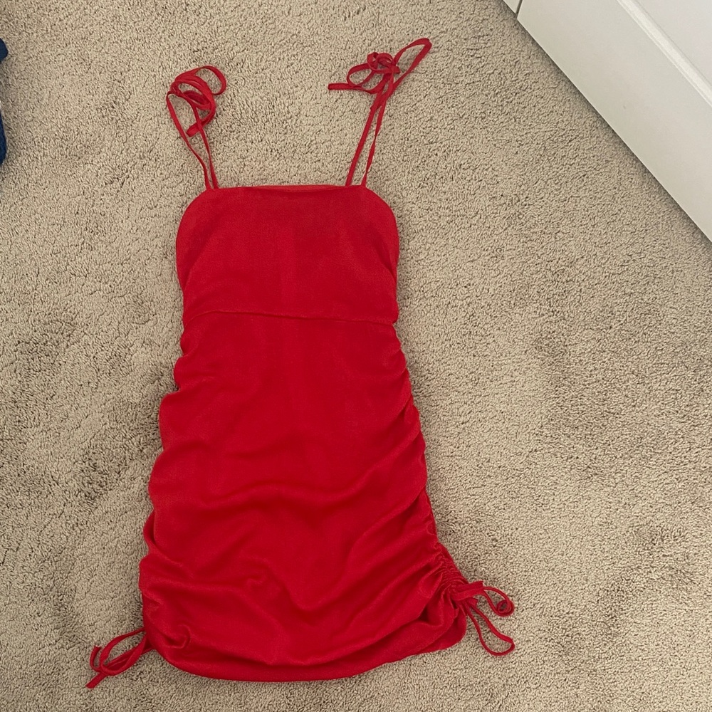 Nasty Gal Red Ruched Mini Dress with Tie Straps